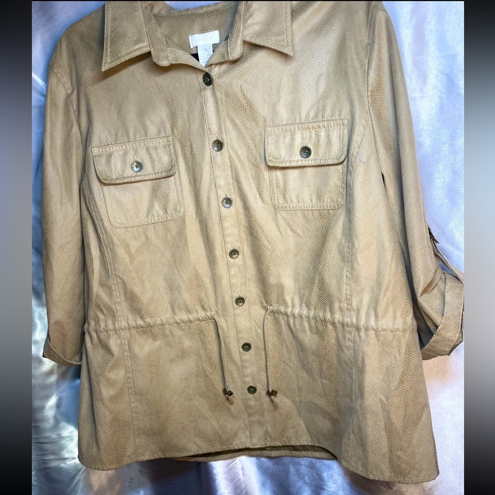 Chico’s Pebbled Touch Liam 3/4 Jacket Buckskin Tan Size 3/XL Button Up